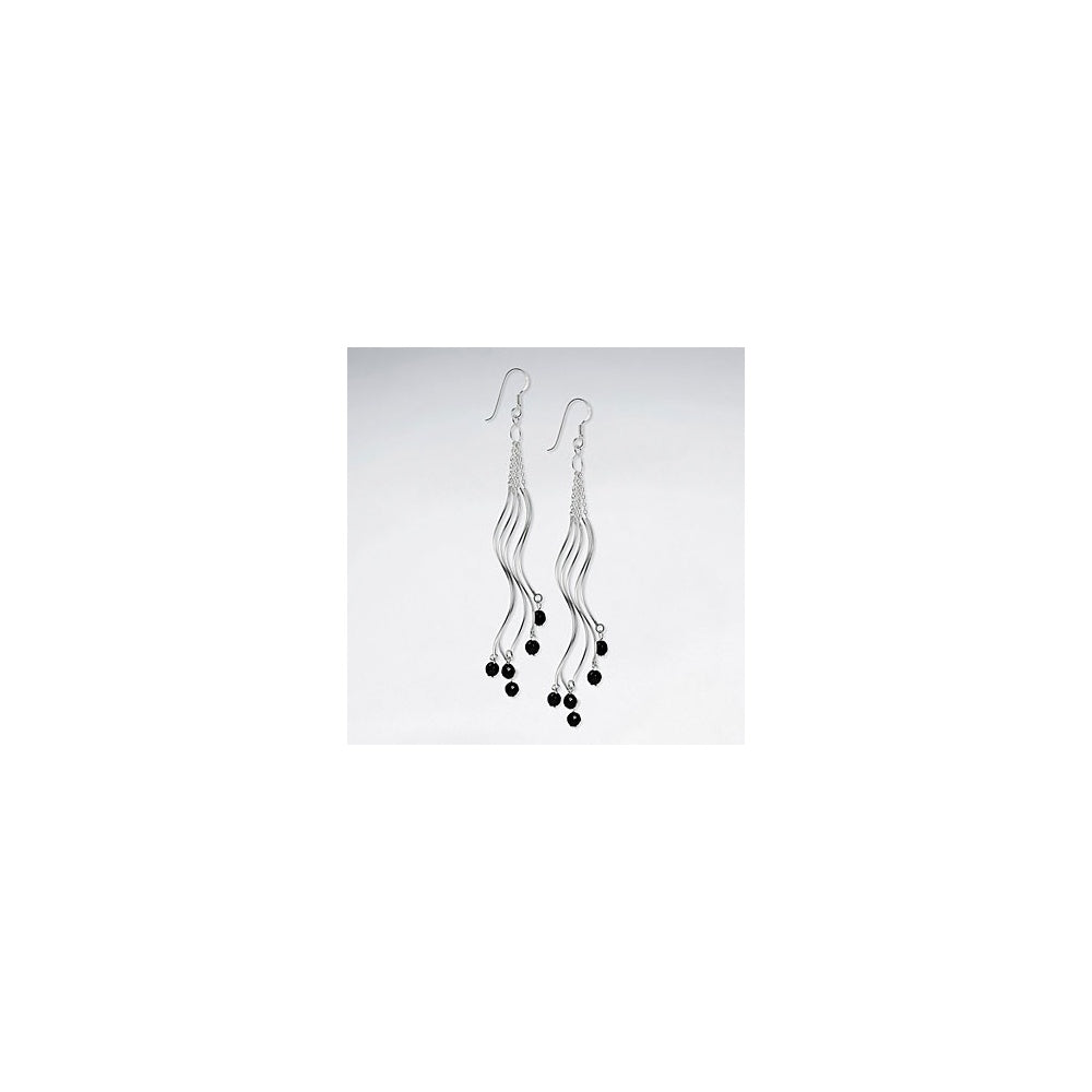 Wavy Chandelier Silver Earring With Round Black Stone