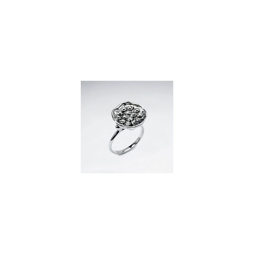 Oxidized Silver Textured Flat Top Floral Inspired Ring
