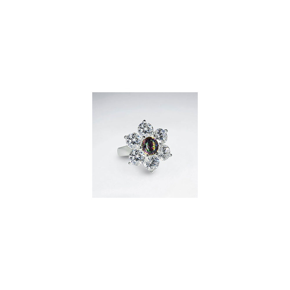 Glistening Multi Color Cubic Zirconia Silver Flower Ring
