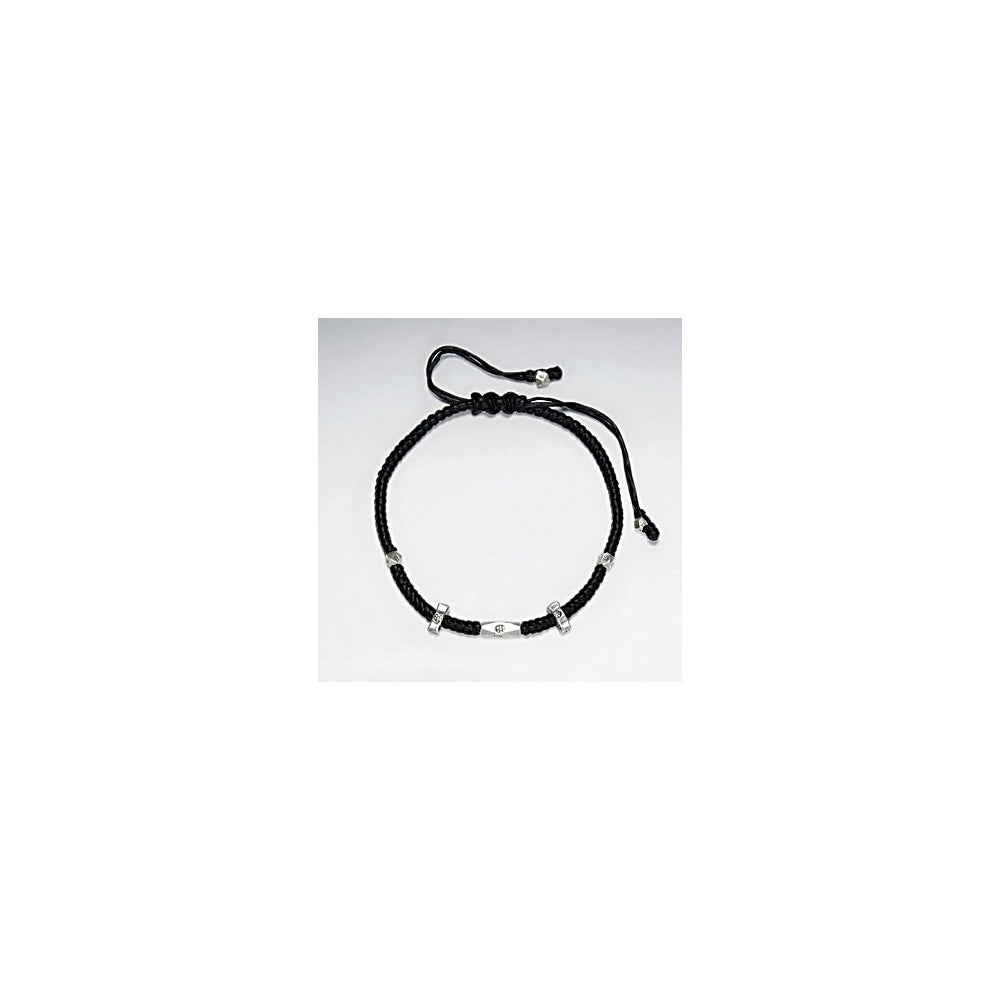 7" Adjustable Black Macrame Waxed Cotton Bracelet With Antique Hand Made Silver Nugget Beads