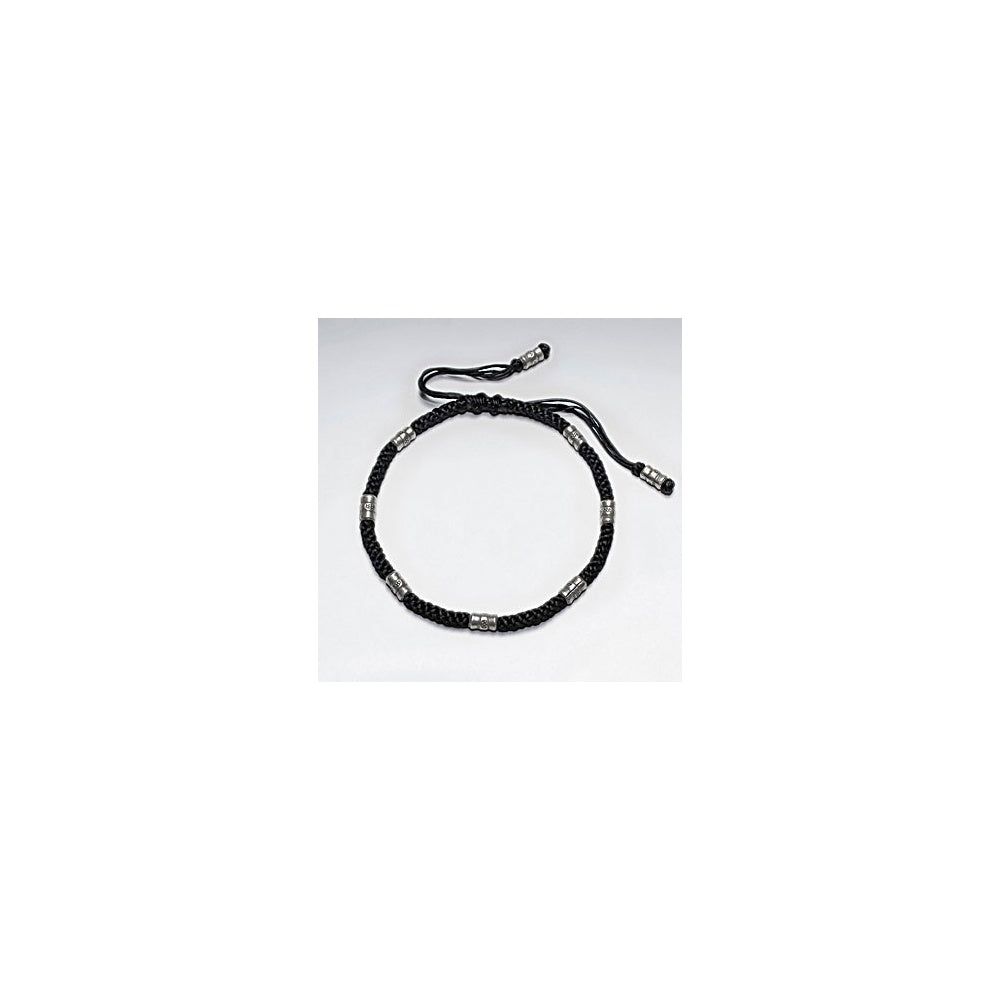 7" Adjustable Black Macrame Waxed Cotton Bracelet With Antique Handmade Silver Tube Beads