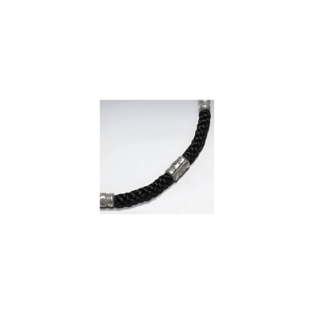 7" Adjustable Black Macrame Waxed Cotton Bracelet With Antique Handmade Silver Tube Beads