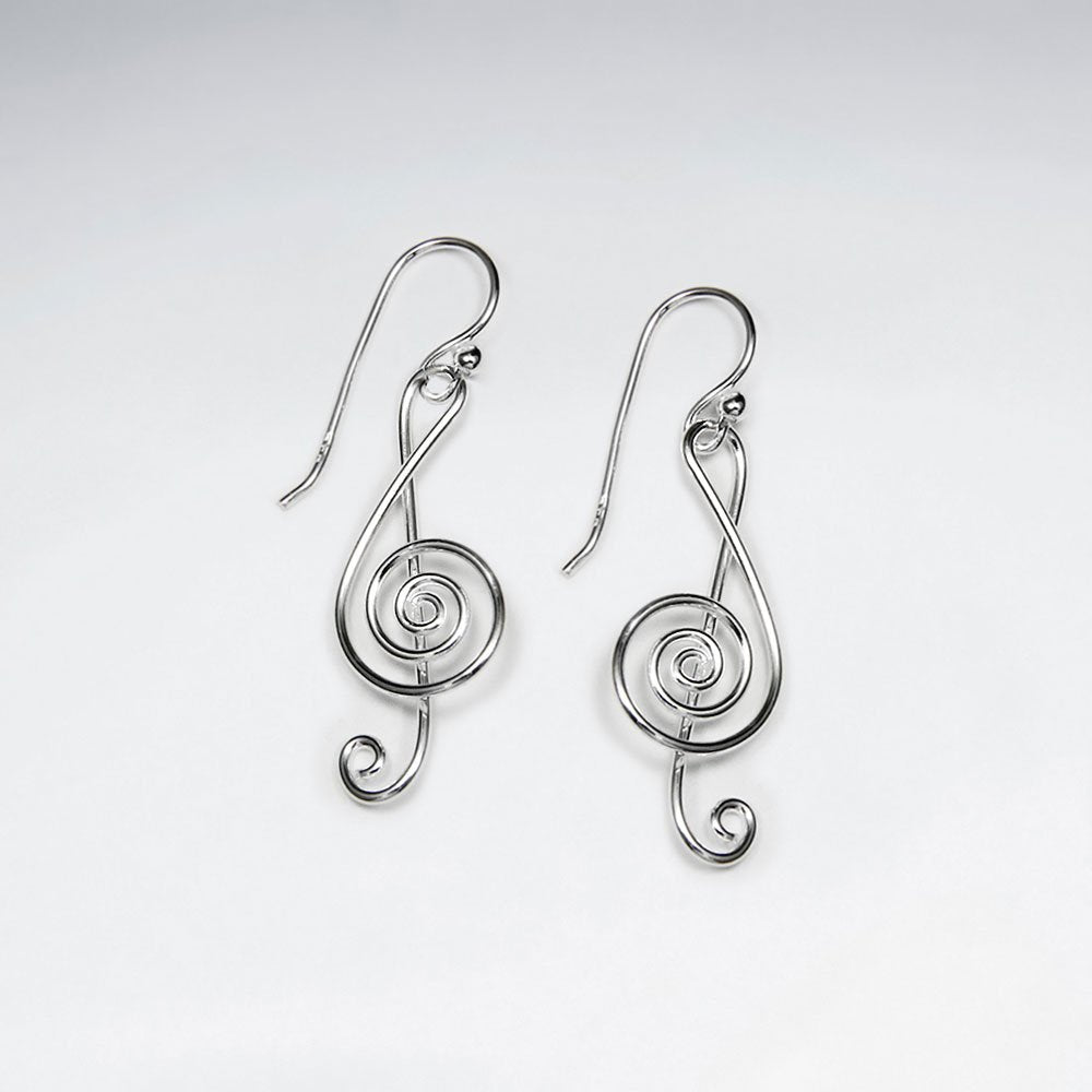 Sterling Silver Dangle Hook Earrings Featuring Musical Note Design