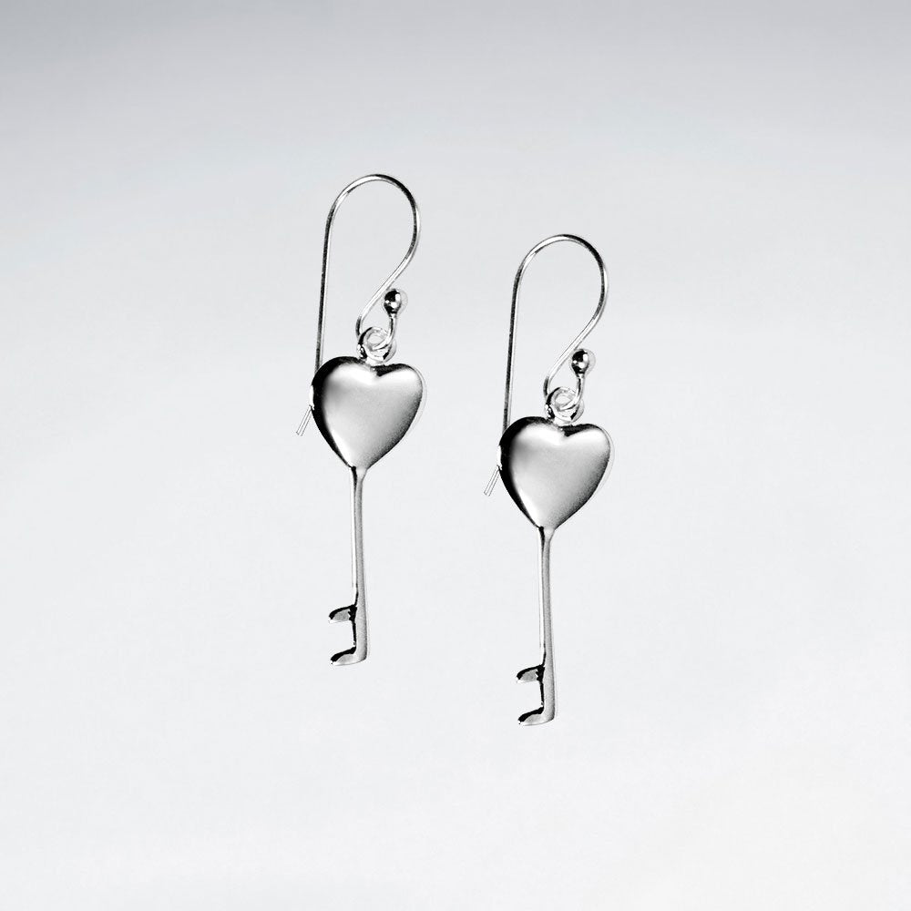 Sterling Silver Heart Key Dangle Earrings