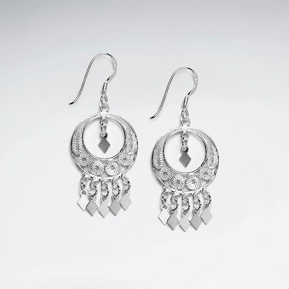 Open Circle Smooth and Textured Sterling Silver Dangle Drop Earrings