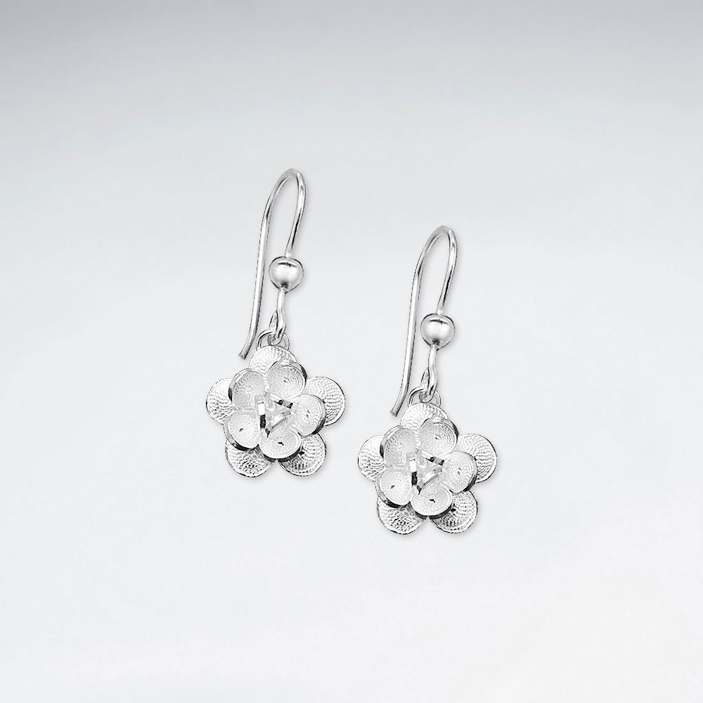 Single Delicate Bloom Flower Dangle Drop Earrings in Sterling Silver