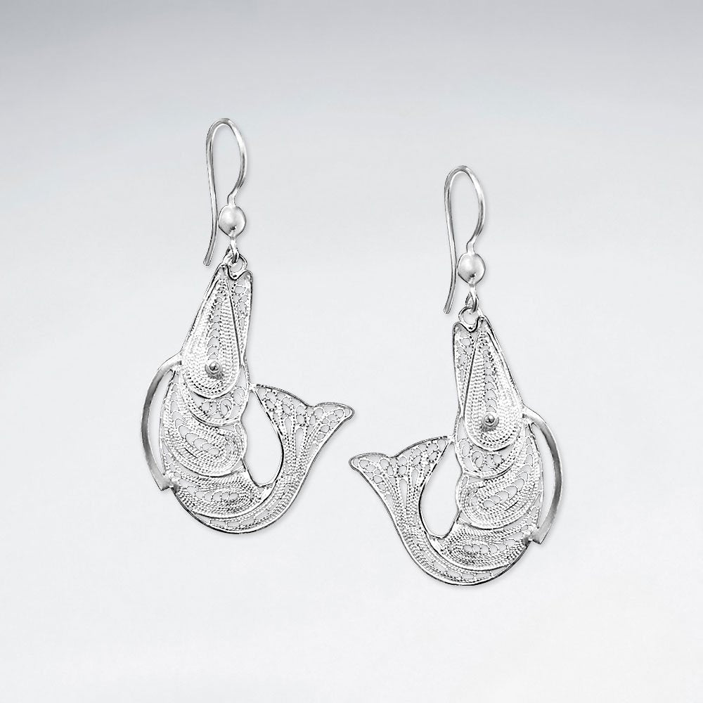 Sterling Silver Jumping Fish on a Hook Filigree Dangle Drop Earrings