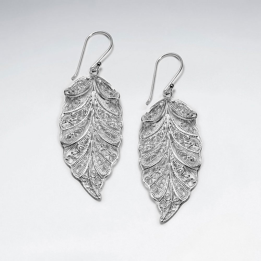 Silver Dangle Drop Filigree Plume Earrings