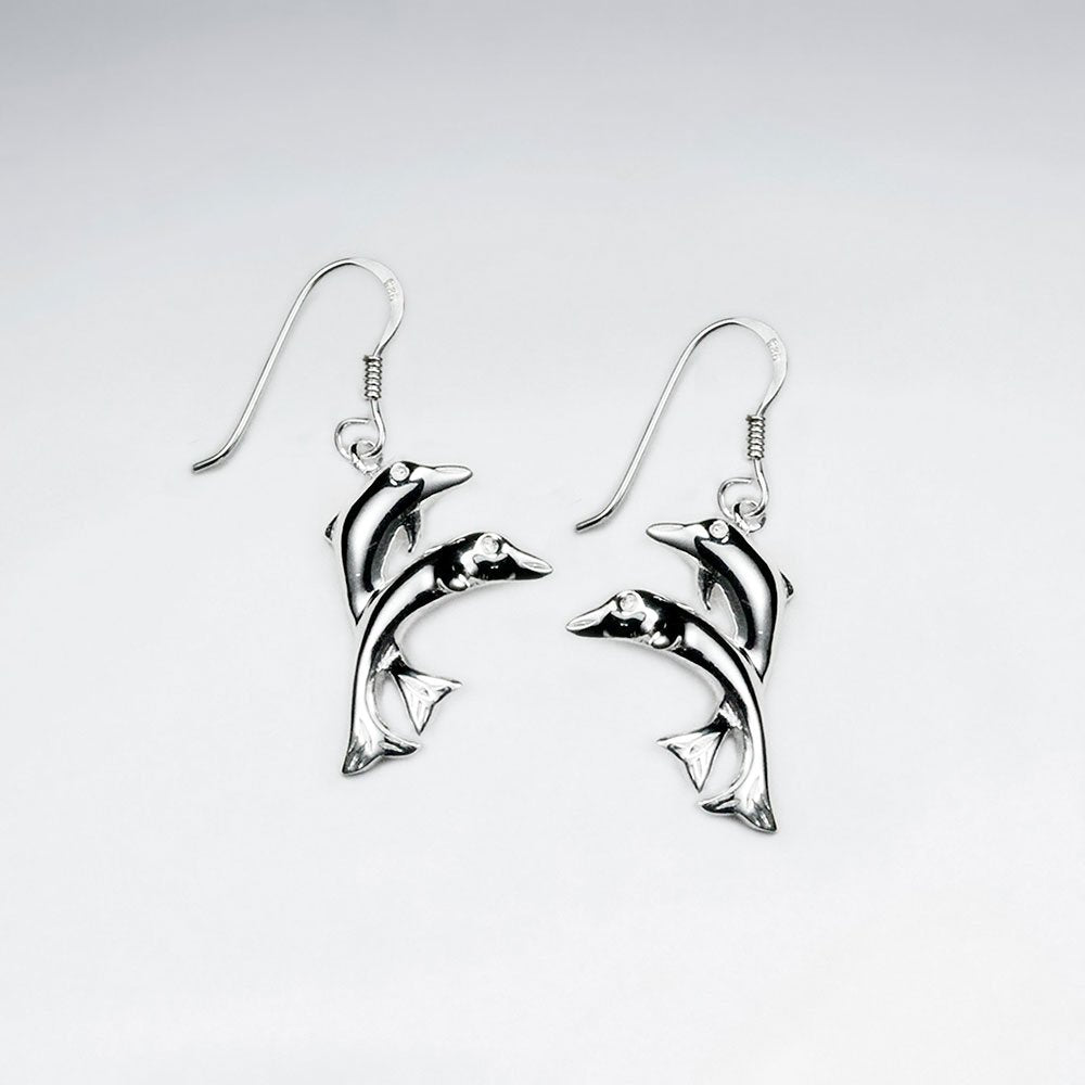 Silver Dangle Drop Earrings Featuring Dolphin Pair