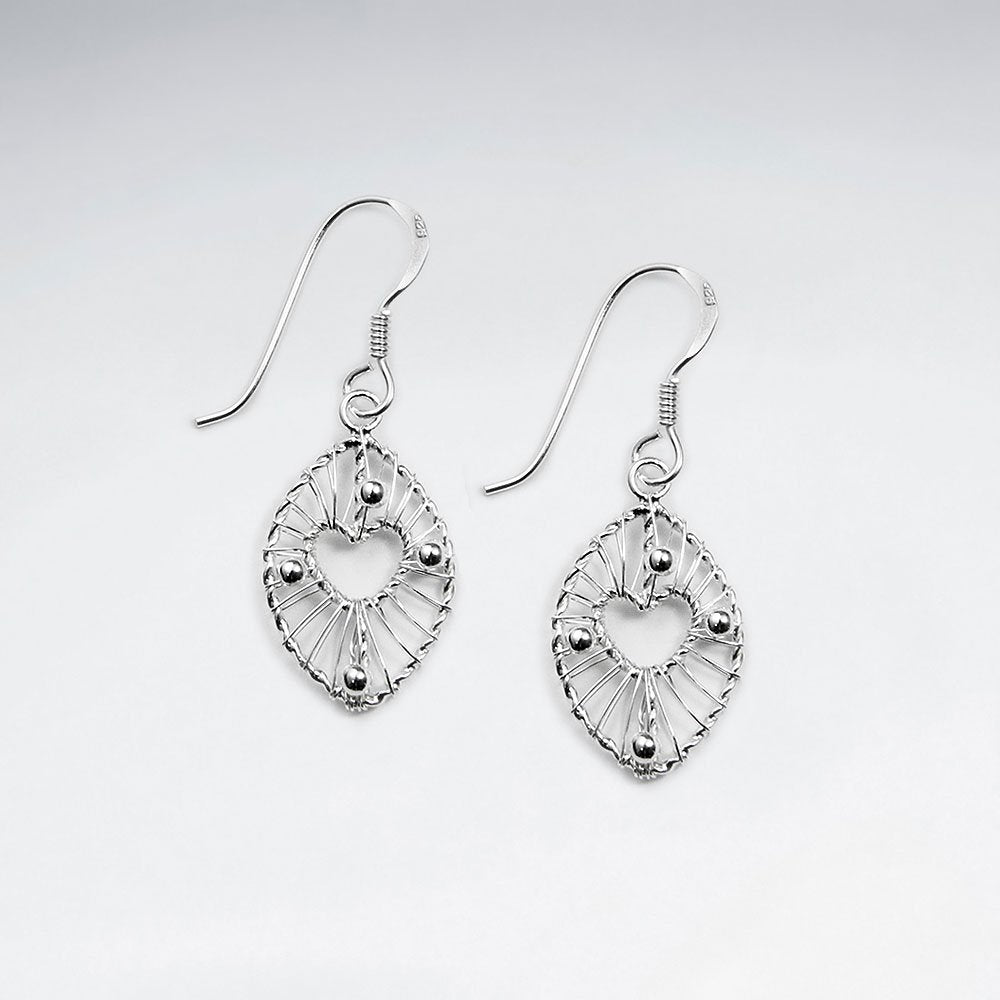 Equisite Silver Wire Work Oval Earrings Featuring Petite Open Heart Center
