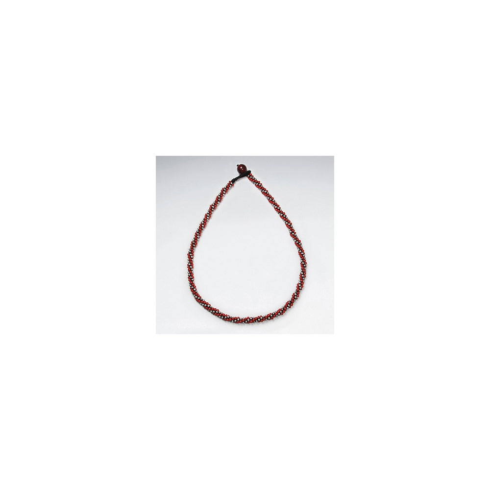 16.5" Waxed Cotton Macrame Silver and Glass Red Bead Wrap Necklace