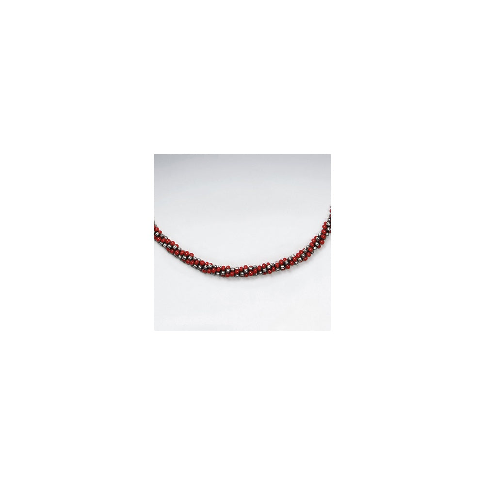 16.5" Waxed Cotton Macrame Silver and Glass Red Bead Wrap Necklace