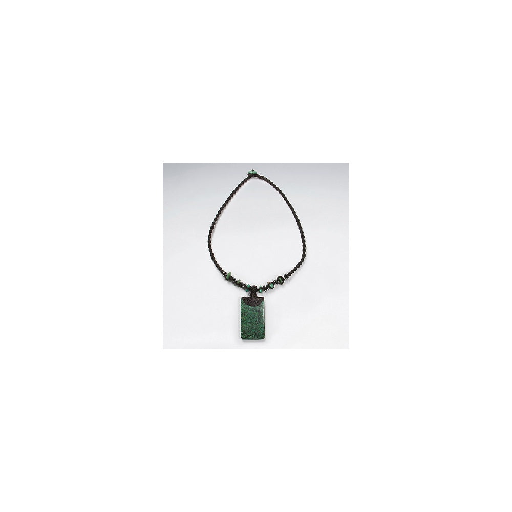 16.5" Waxed Cotton Twist Macrame Glass Beads Dark Green Rectangle Charm Necklace