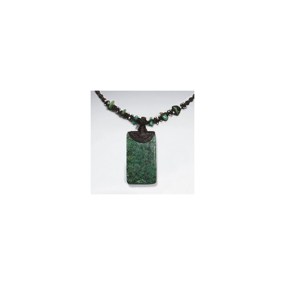 16.5" Waxed Cotton Twist Macrame Glass Beads Dark Green Rectangle Charm Necklace