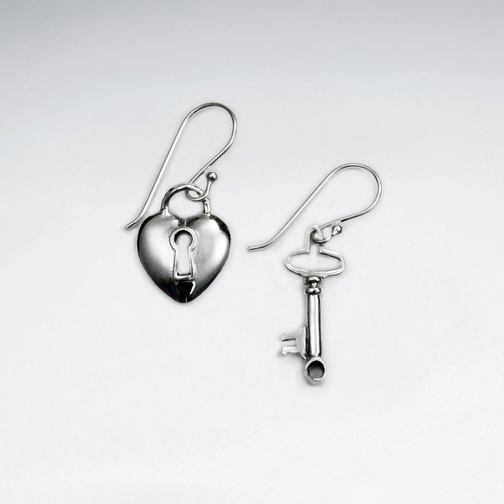 Charming Lock and Key Dangle Earring Set in Silver