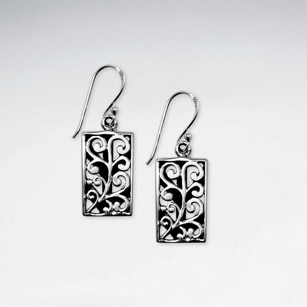 Detailed Filigree Rectangle Earrings in Oxidized Silver