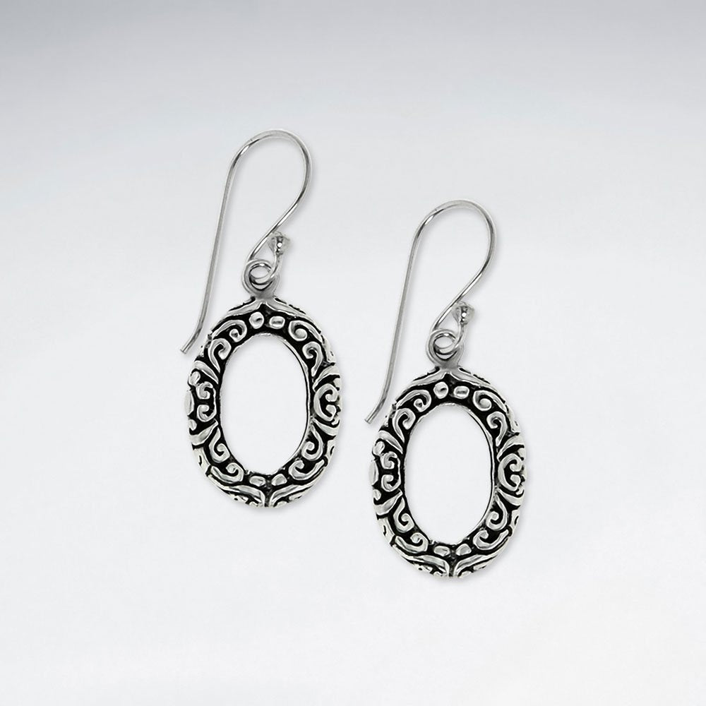Oxidized Textured Silver Open Oval Drop Shepherds Hook Earrings in Silver