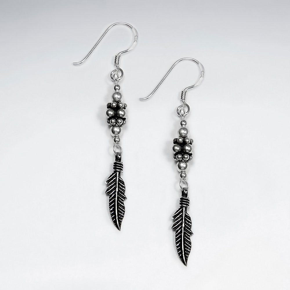 Oxidized Silver Detailed Dangle Drop Feather Post Earrings