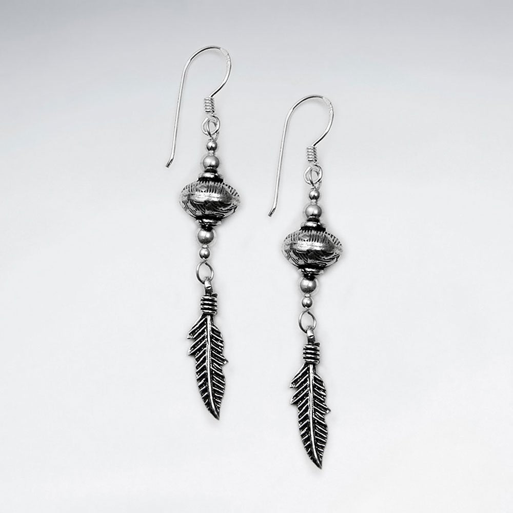 Oxidized Ovoid Drop Feather Pendant  Dangle Earrings