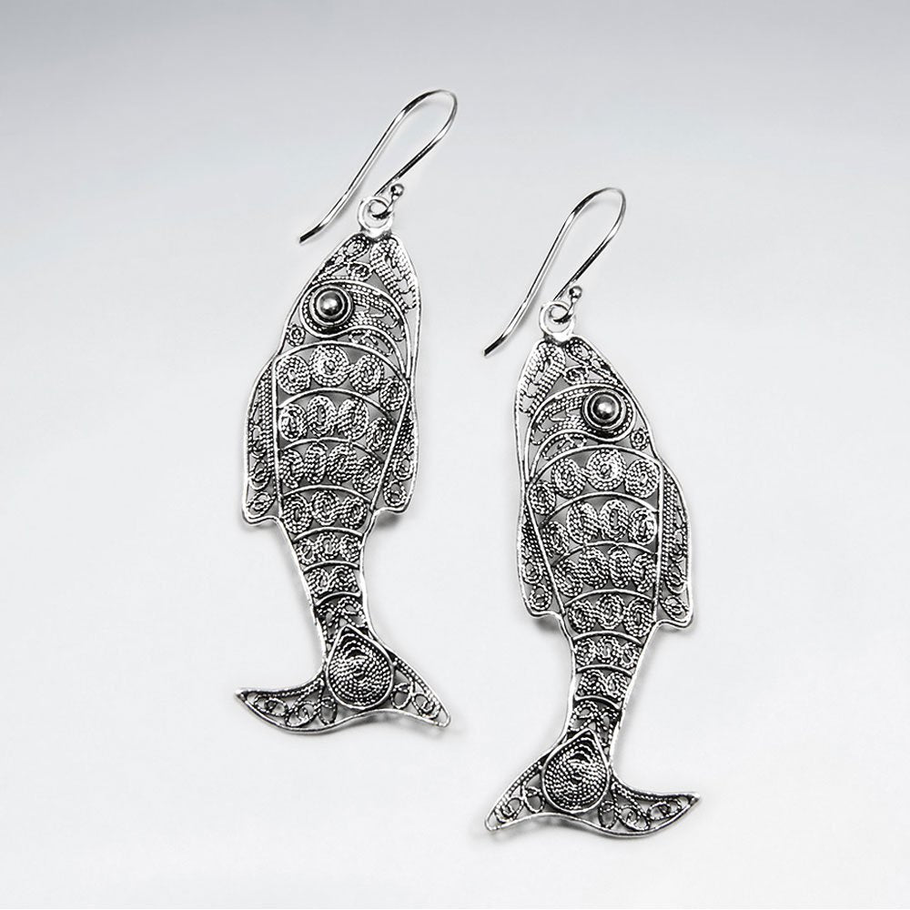 Oxidized Filigree Fish Shaped Textured Dangle Drop Earrings