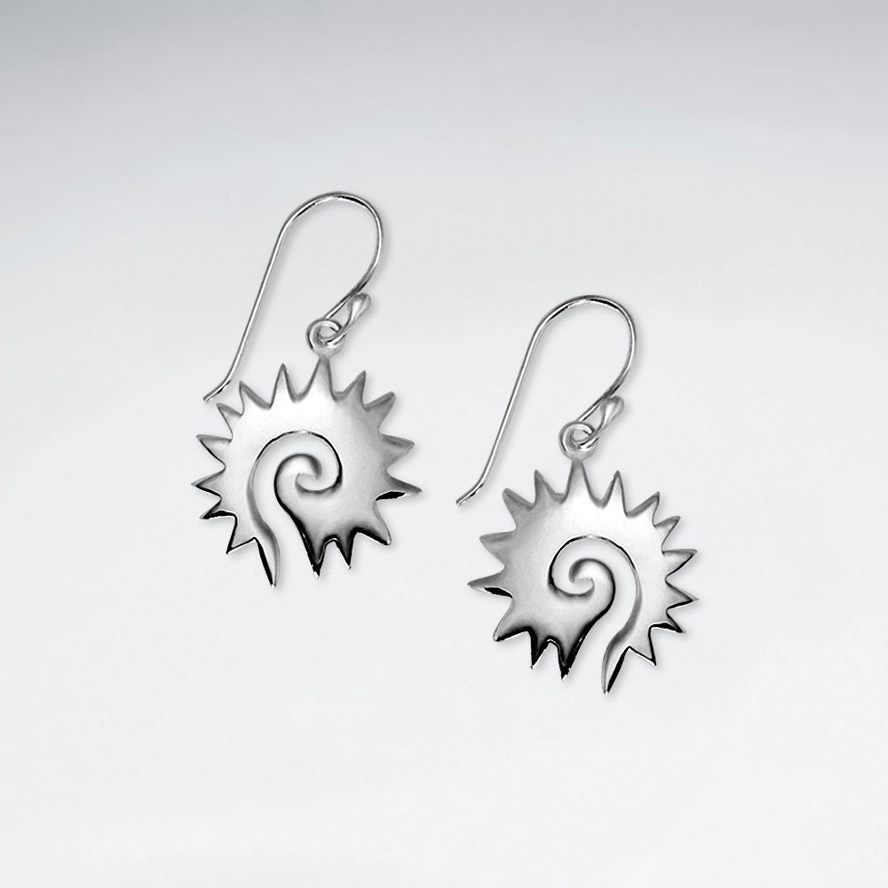 Silver Sun Burst Swirl Design Dangle Earrings