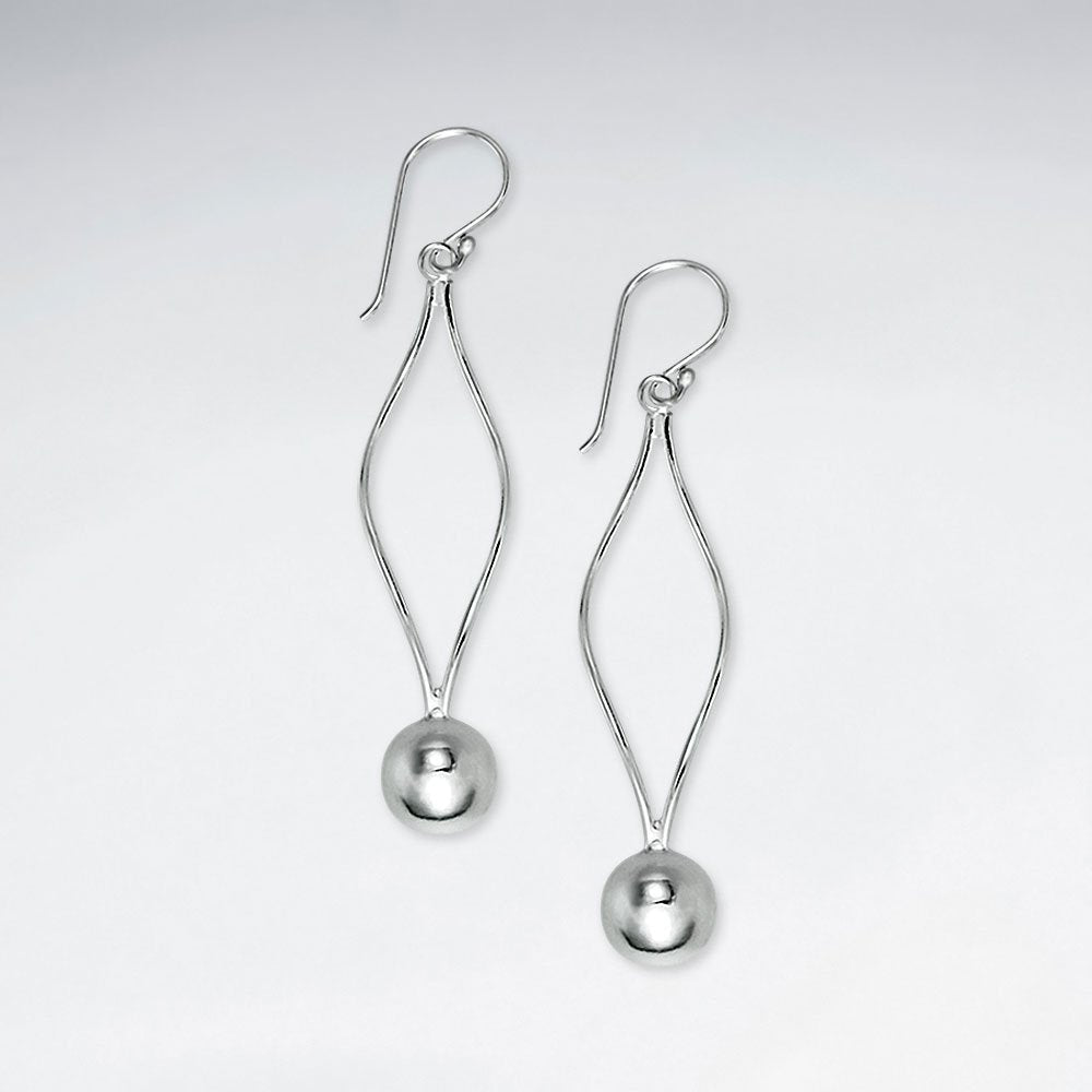 Delicate Silver Open Diamond Shape Earrings With Suspended Polished Circle Charm
