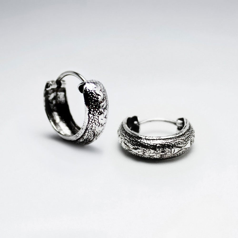 Elaborate Details Patterned Oxidized Half Hoop Stud Post Earrings