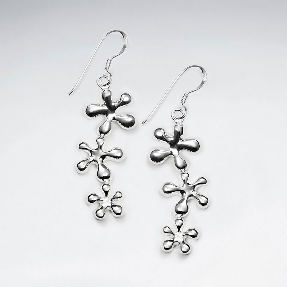 Silver Organic Triple Splat Design Dangle Drop Earrings