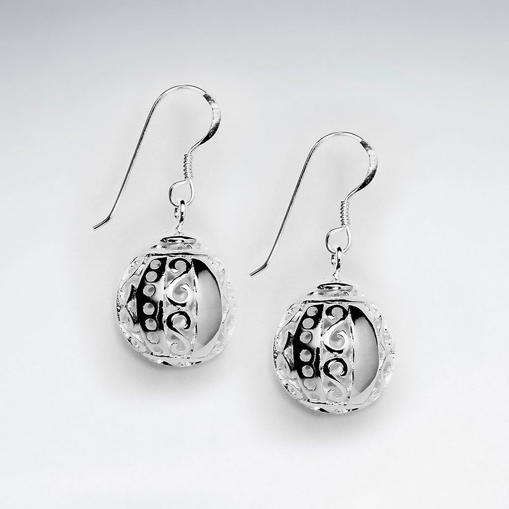 Delicate Dangle Drop Earrings With Suspended Groove Dimpled Globes