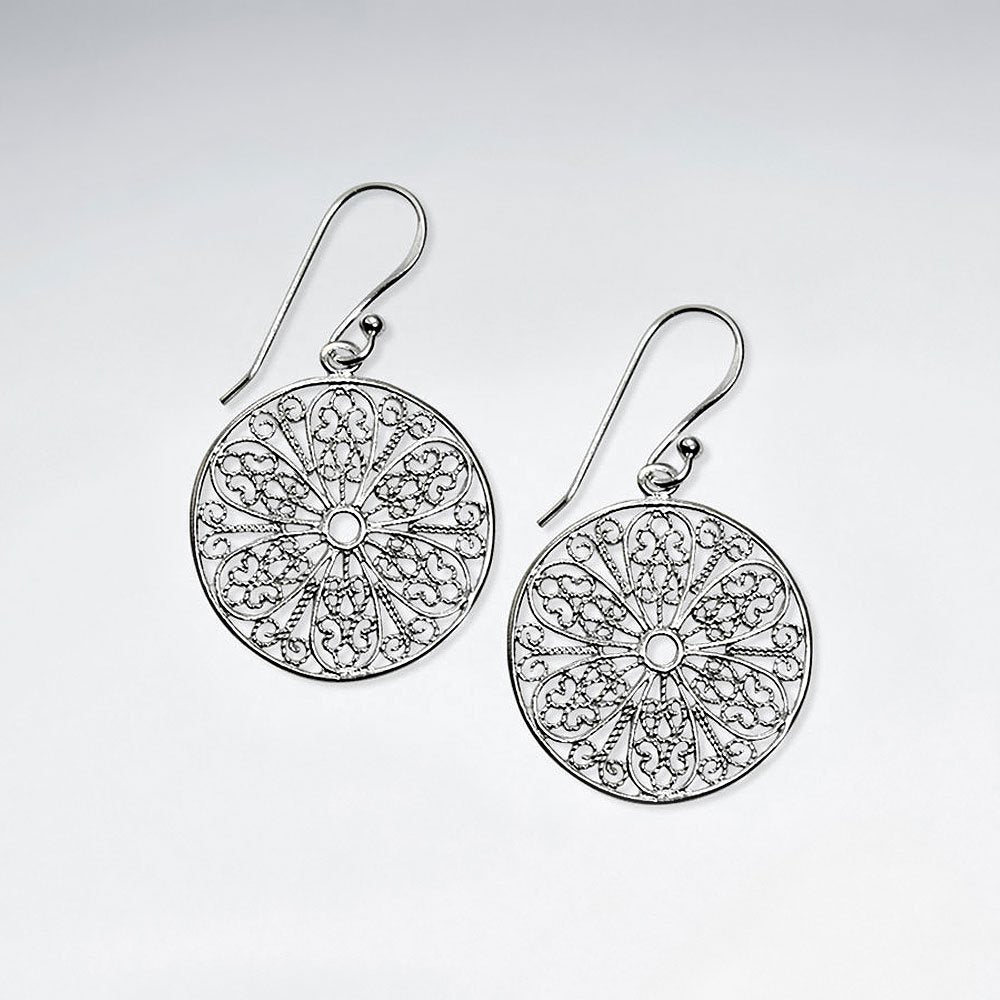 21 mm Filigree Round Cut Pattern Dangle Silver Earrings