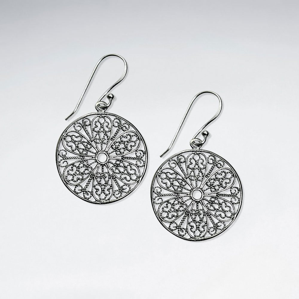 21 mm Filigree Round Cut Pattern Dangle Silver Earrings
