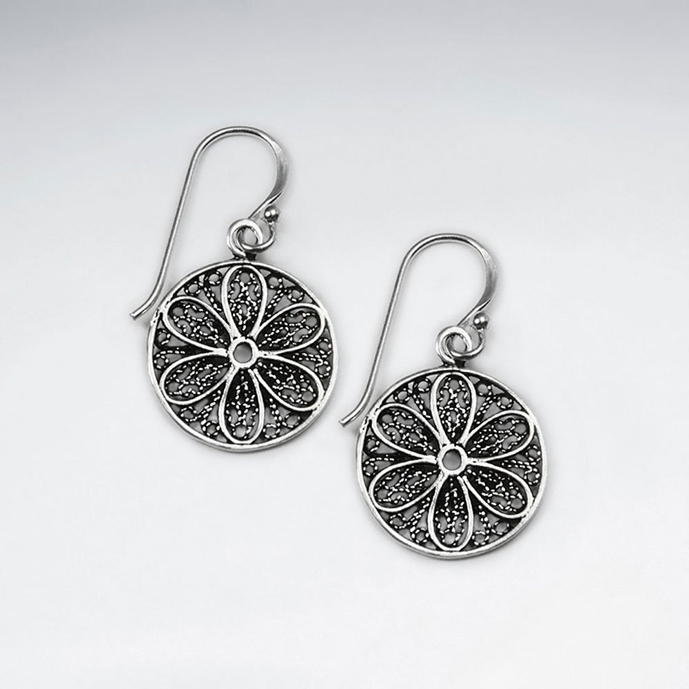 16 mm  Filigree Round Cut Pattern Dangle Silver Earrings
