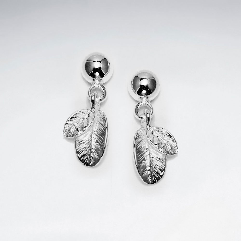 Strikingly Elegant Polished Silver Double Feather Stud Dangle Earrings