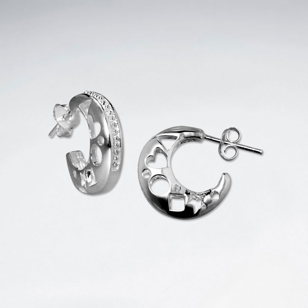 Crescent Moon Textured Filigree Stud Post Earrings