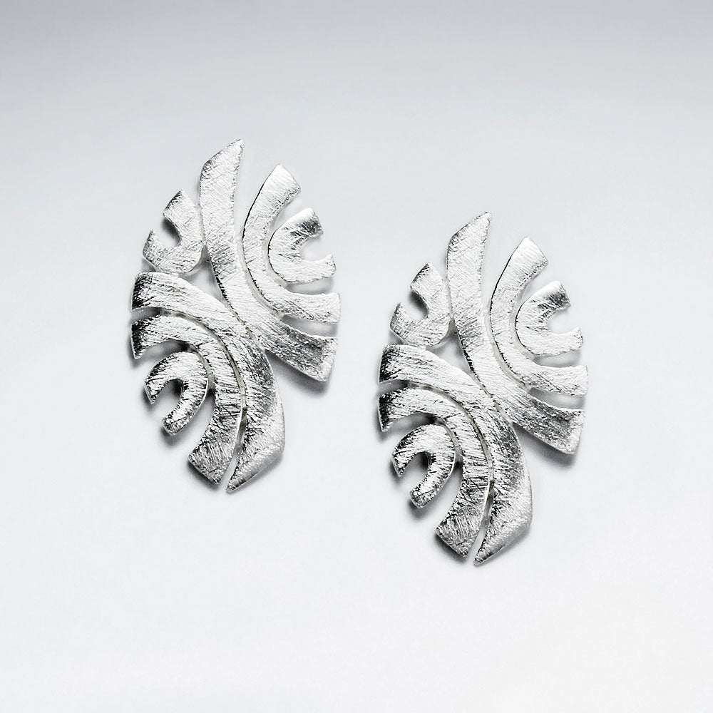 Silver Oval Shaped Swooping Lines Pattern Long Stud Earrings With Matte Finishing