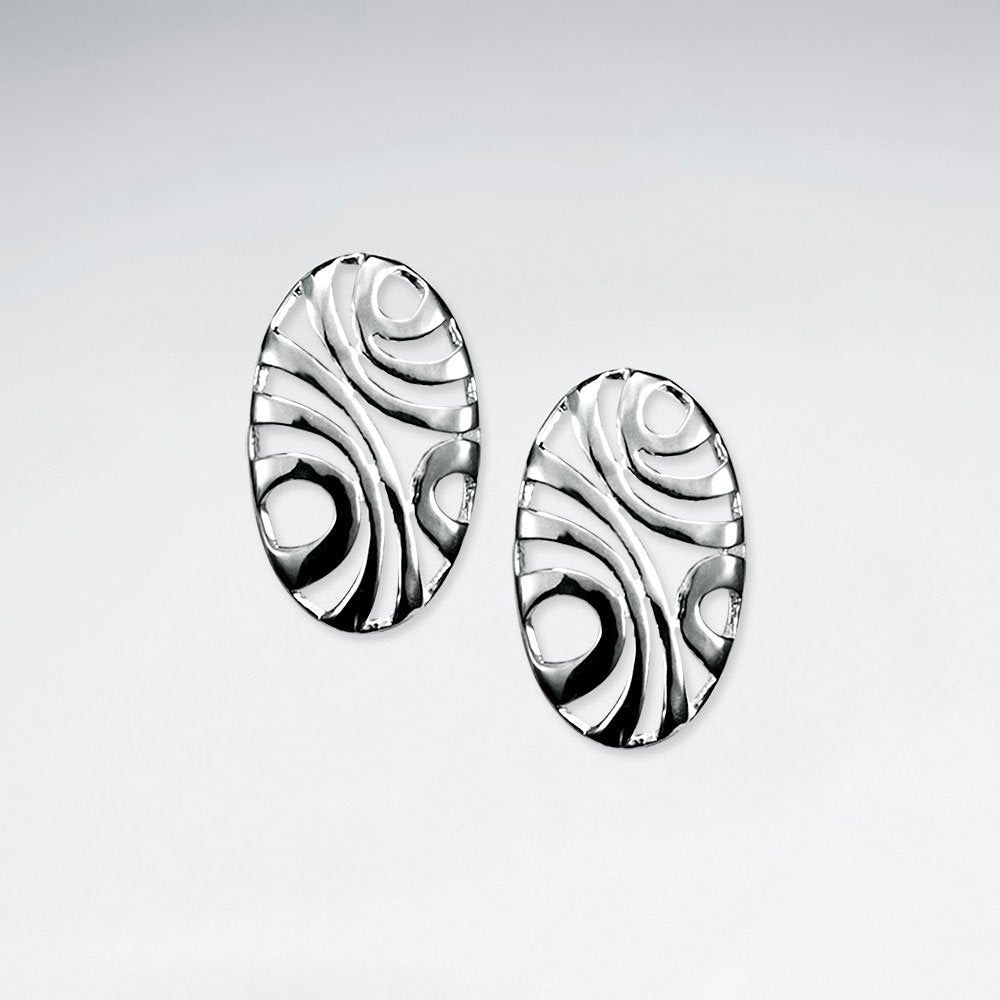 Exotic Elegant Open Oval Silver Filigree Long Stud Earrings