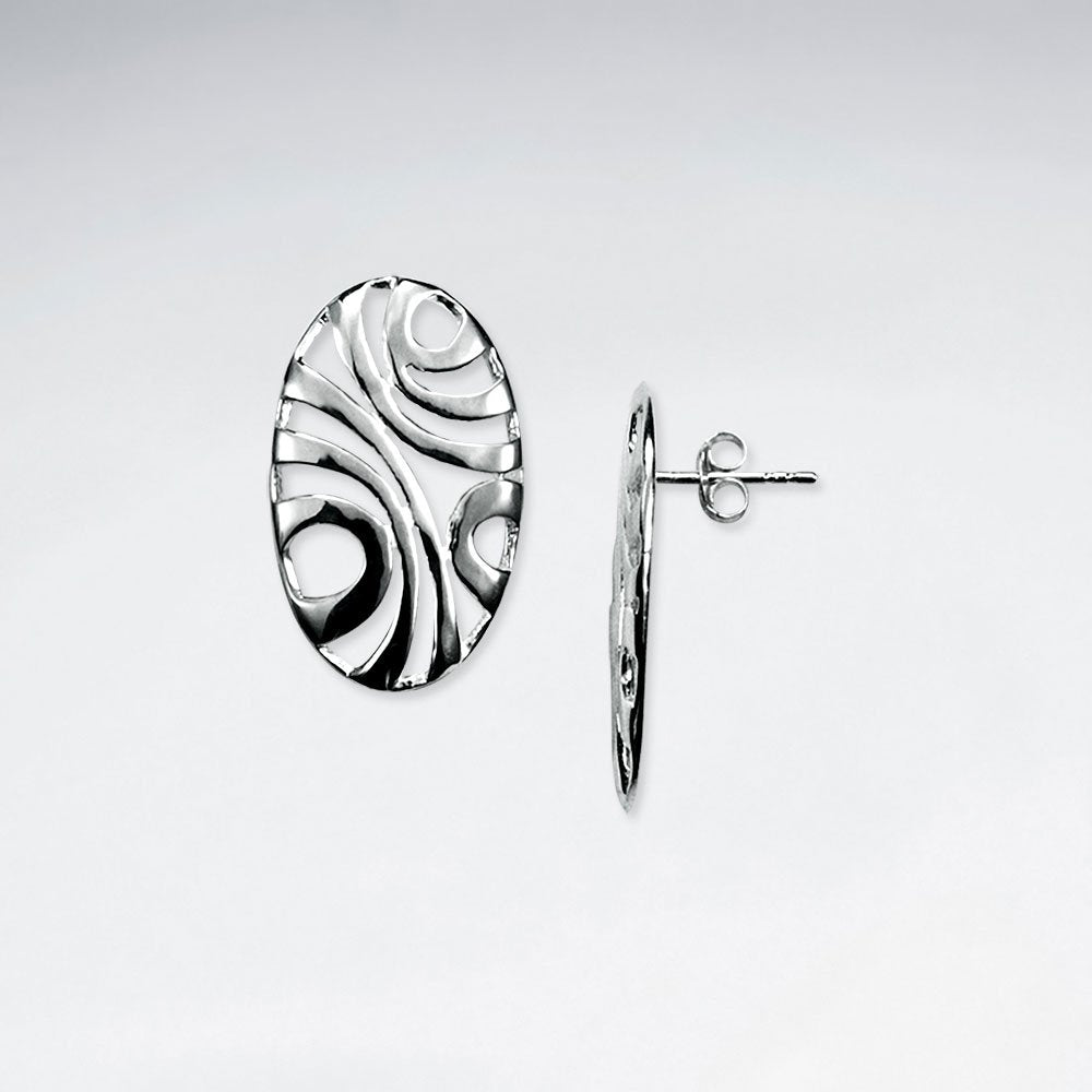 Exotic Elegant Open Oval Silver Filigree Long Stud Earrings