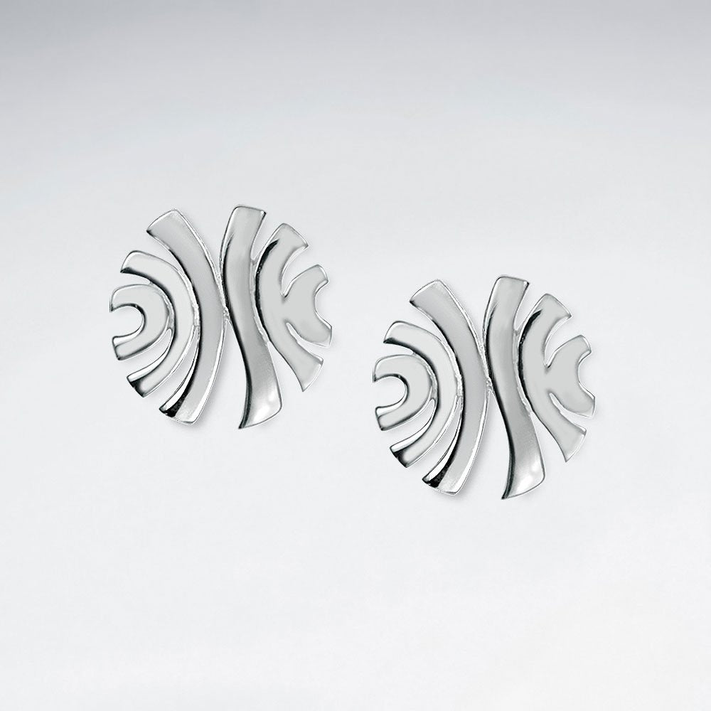 Open Design Silver Swooping Lines Round Stud Earrings