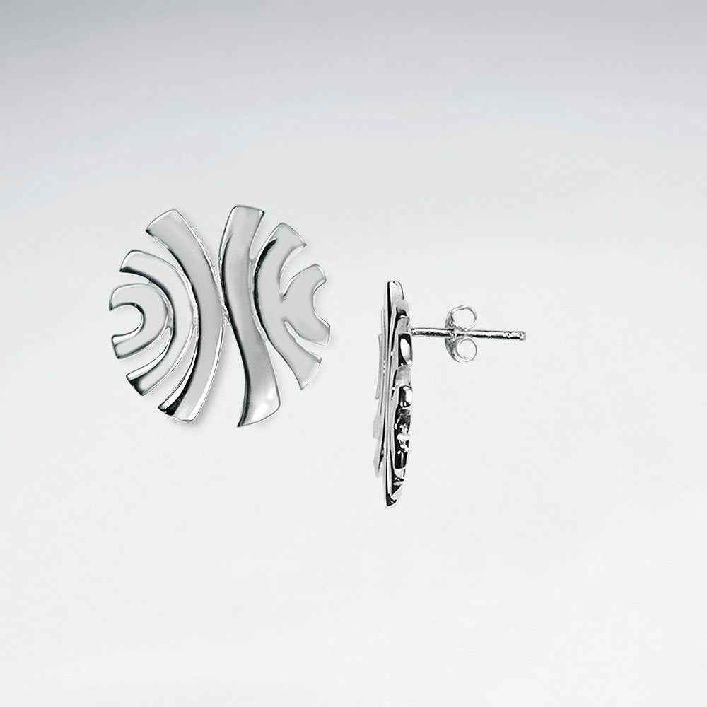 Open Design Silver Swooping Lines Round Stud Earrings