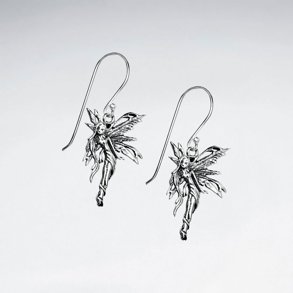 Stunning Oxidized Silver Pixie Fairy Shepherds Hook Dangle Drop Earrings