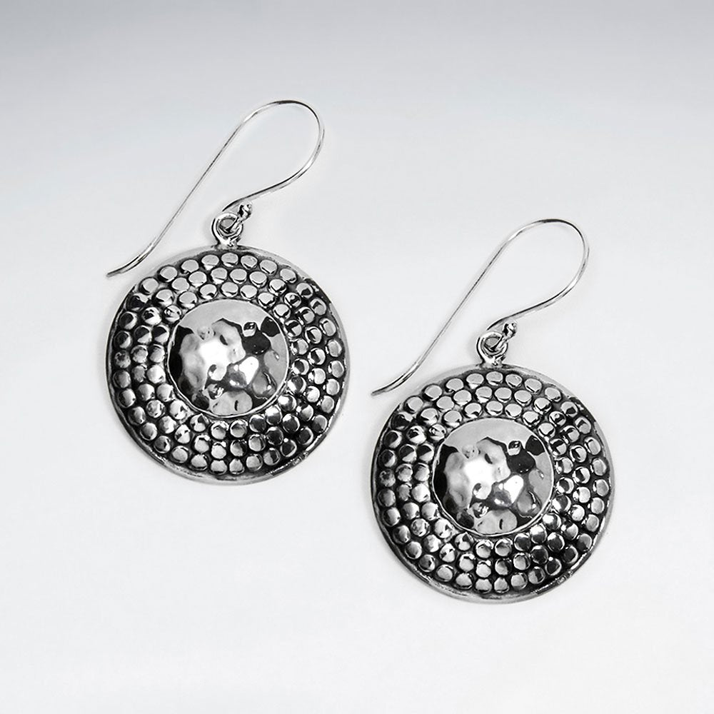 Oxidized Dimpled Dusk Accent Circle Disc Drop Dangle Earrings