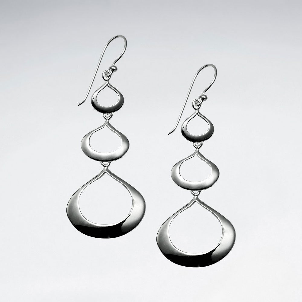 Sleek Silver Triple Tiered Open Teardrop Hook Earrings