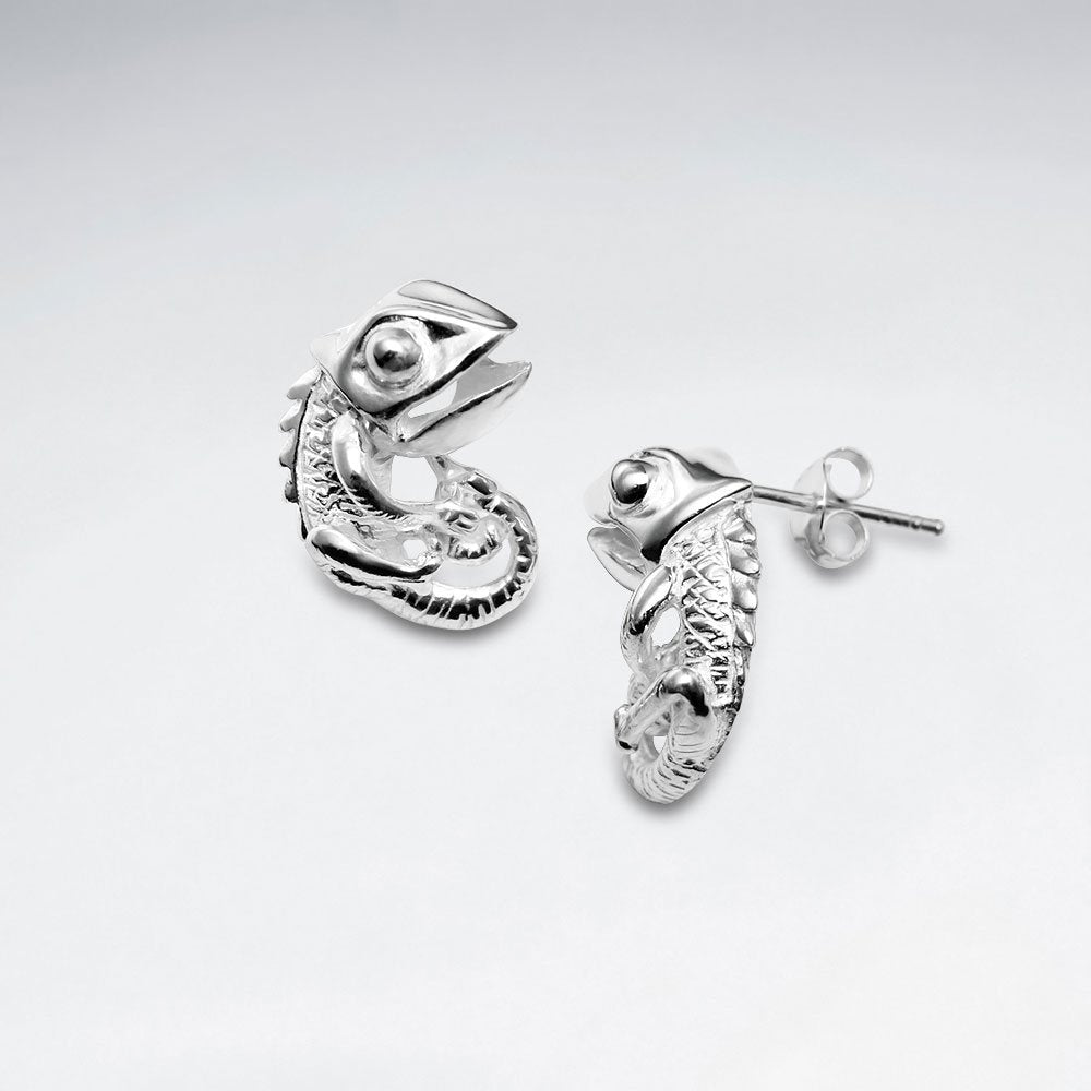 Polished Silver Funky Iguana Style Stud Earrings