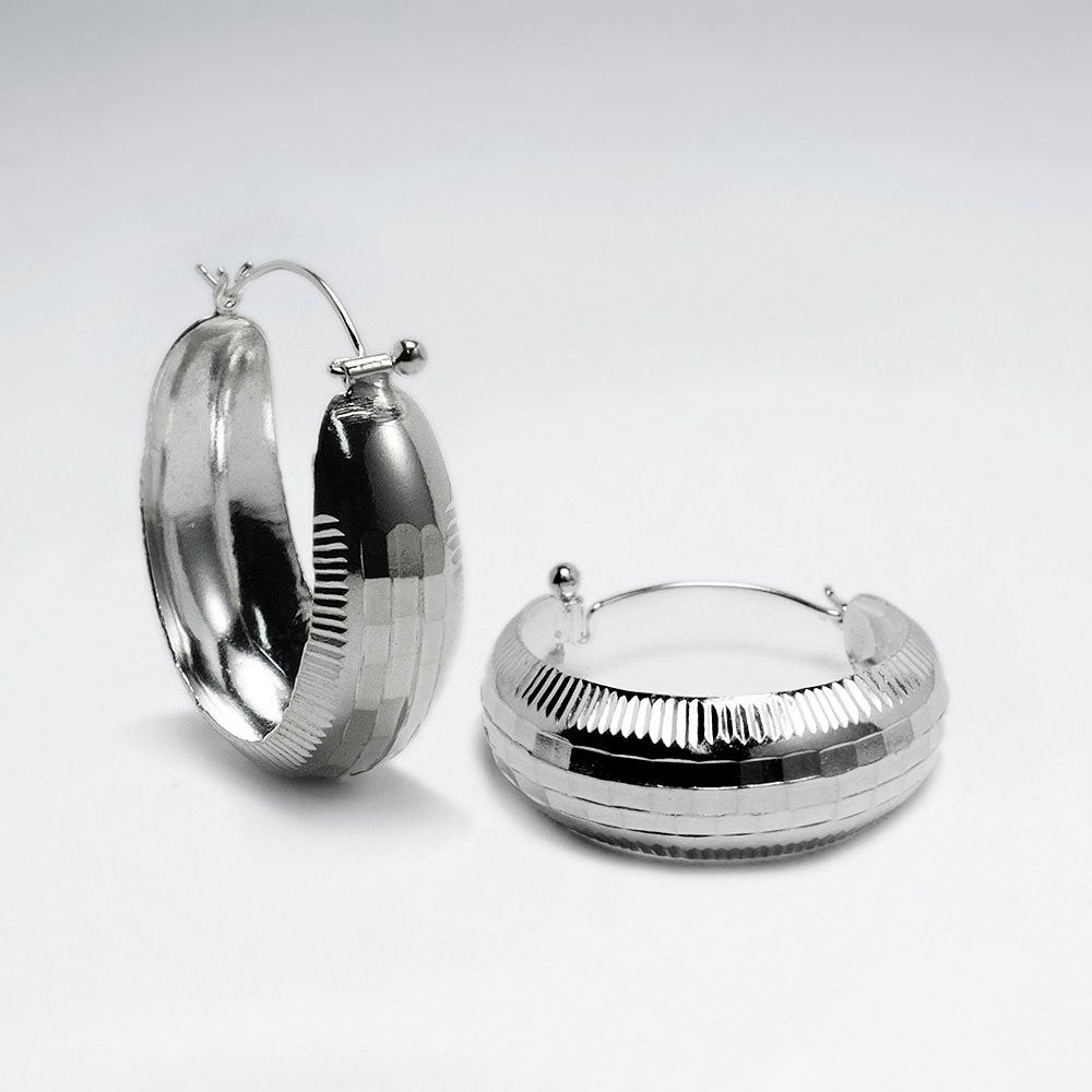 Attractive Polished Silver Textured Graduated Hoop Earrings