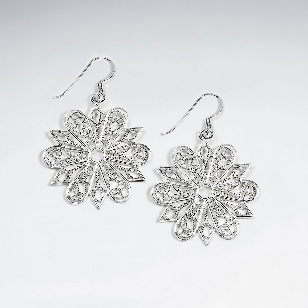 Elegant Snowflake Shape Filigree Silver Dangle Hook Earrings
