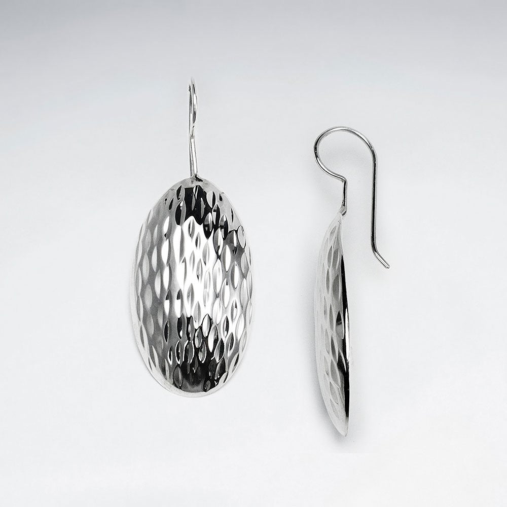 Textured Silver Oval Shell Dangle Hook Earrings