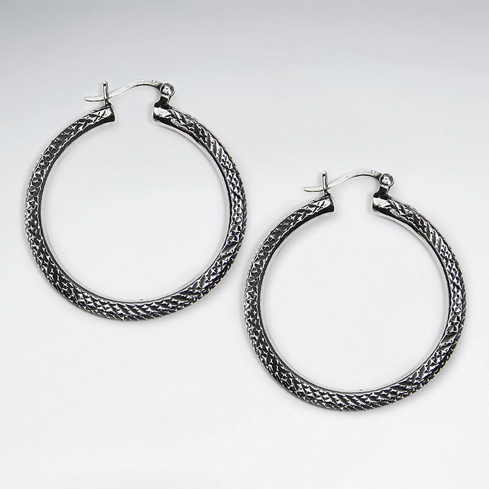 41 mm Oxidized Elegant Sterling Silver Textured Graduated Hoop Earrings