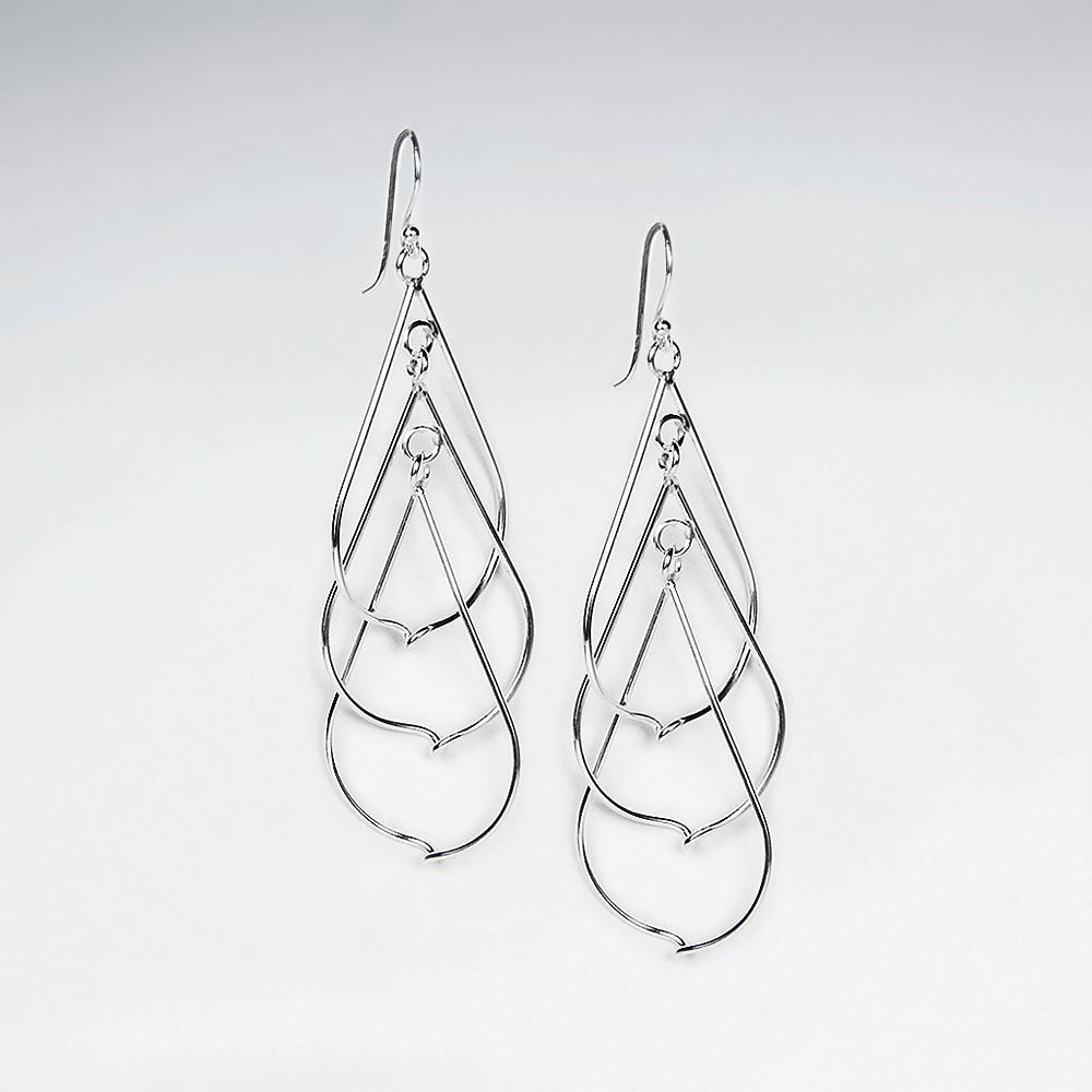 Polished Sterling Silver Triple Open Teardrop Dangle Hook Earrings