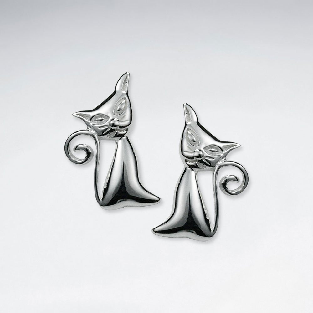 Sly Silver Feline Cat Stud Earrings