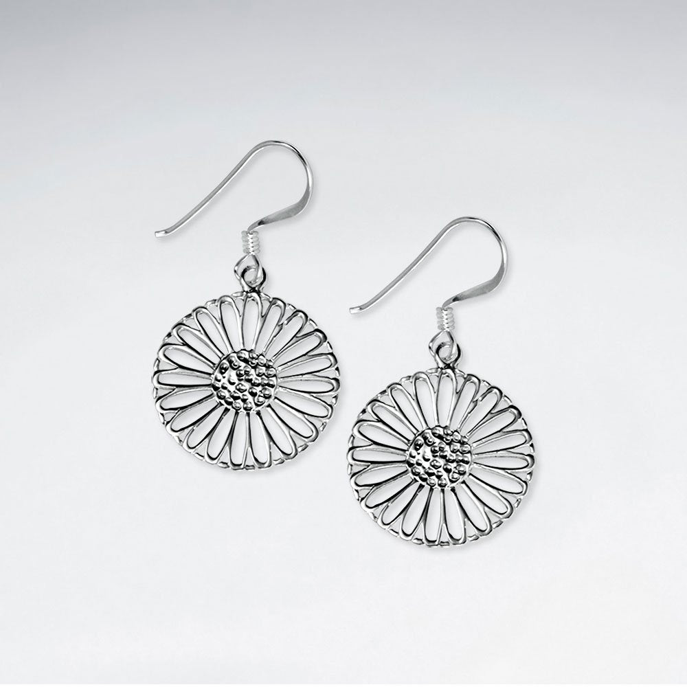 Radiant Polished Silver Filigree Circle Blossom Dangle Hook Earrings